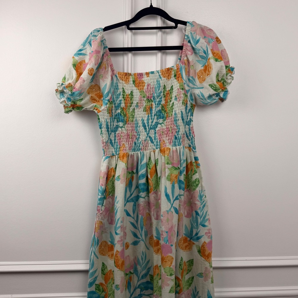Lapogee Floral Citrus Smocked Midi Dress Womens Medium Pink Orange Puff Sleeve